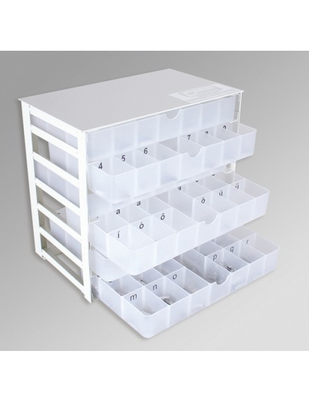 Gaveteiro organizador para fontes tipográficas